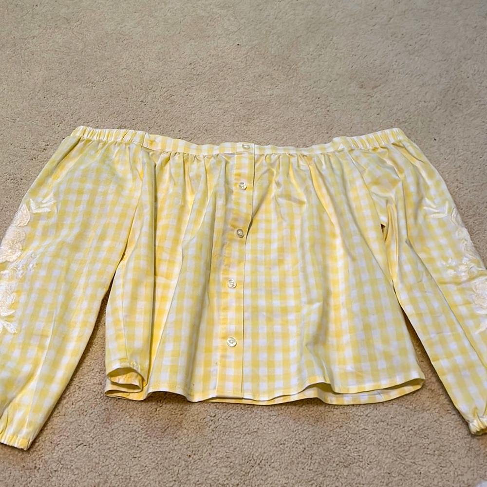 off the shoulder - yellow checker with white floral on the arms
